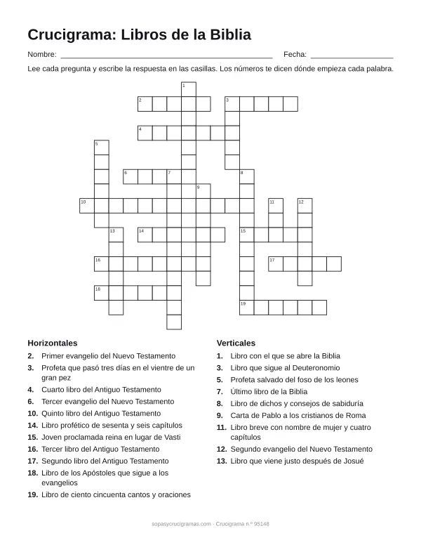 Hoja para imprimir del crucigrama de los libros de la Biblia: cuadrícula numerada de 17 × 18 con 11 palabras horizontales y 9 verticales, y la lista de pistas.