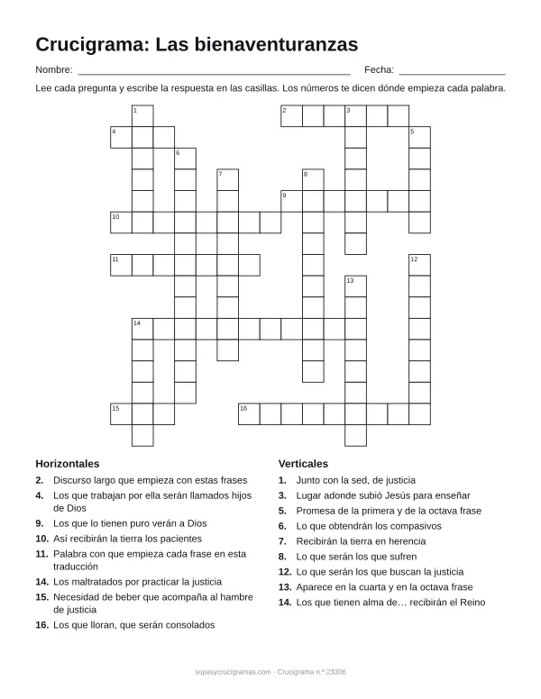 Hoja para imprimir del crucigrama de las bienaventuranzas: cuadrícula numerada de 16 × 15 con 8 palabras horizontales y 9 verticales, y la lista de pistas.