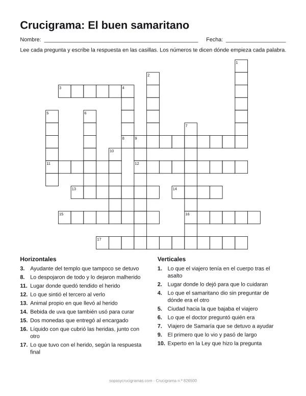 Hoja para imprimir del crucigrama de la parábola del buen samaritano: cuadrícula numerada de 15 × 17 con 9 palabras horizontales y 8 verticales, y la lista de pistas.