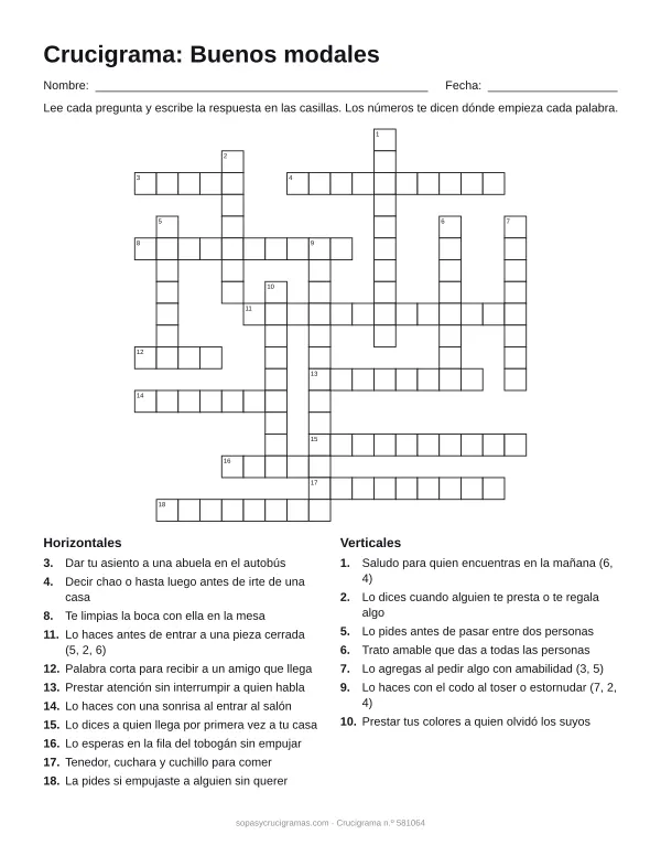 Hoja para imprimir del crucigrama de buenos modales: cuadrícula numerada de 18 × 18 con 11 palabras horizontales y 7 verticales, y la lista de pistas.