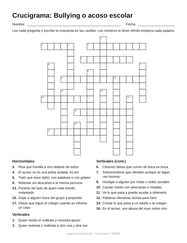 Hoja para imprimir del crucigrama del bullying: cuadrícula numerada de 18 × 16 con 7 palabras horizontales y 10 verticales, y la lista de pistas.