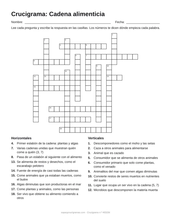 Hoja para imprimir del crucigrama de la cadena alimenticia: cuadrícula numerada de 19 × 20 con 9 palabras horizontales y 9 verticales, y la lista de pistas.