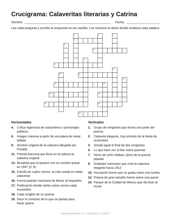 Hoja para imprimir del crucigrama de calaveritas literarias: cuadrícula numerada de 17 × 17 con 10 palabras horizontales y 9 verticales, y la lista de pistas.