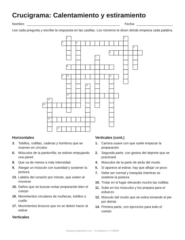 Hoja para imprimir del crucigrama de calentamiento y estiramiento: cuadrícula numerada de 20 × 21 con 8 palabras horizontales y 9 verticales, y la lista de pistas.