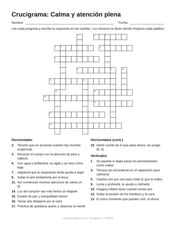 Hoja para imprimir del crucigrama de calma y atención plena: cuadrícula numerada de 18 × 16 con 11 palabras horizontales y 7 verticales, y la lista de pistas.