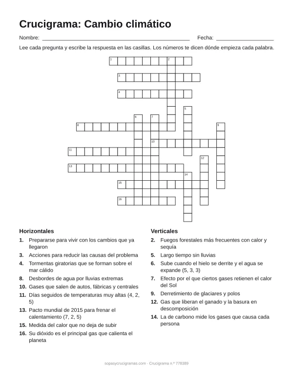 Hoja para imprimir del crucigrama del cambio climático: cuadrícula numerada de 20 × 19 con 9 palabras horizontales y 7 verticales, y la lista de pistas.
