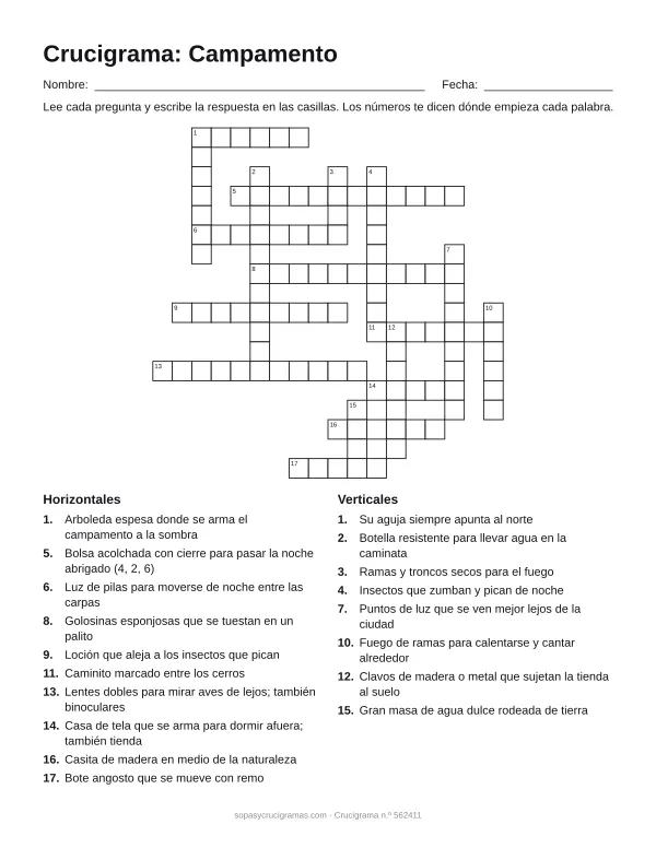 Hoja para imprimir del crucigrama de campamento: cuadrícula numerada de 18 × 18 con 10 palabras horizontales y 8 verticales, y la lista de pistas.