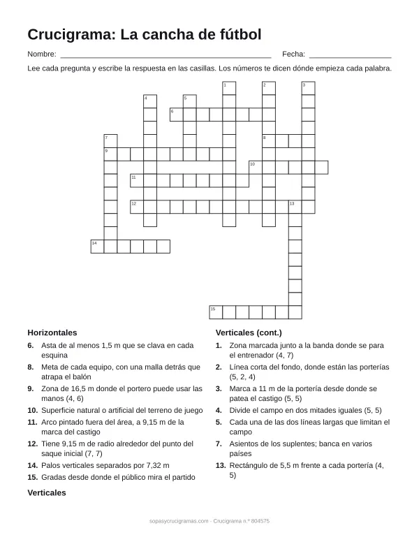 Hoja para imprimir del crucigrama de la cancha de fútbol: cuadrícula numerada de 18 × 18 con 8 palabras horizontales y 7 verticales, y la lista de pistas.