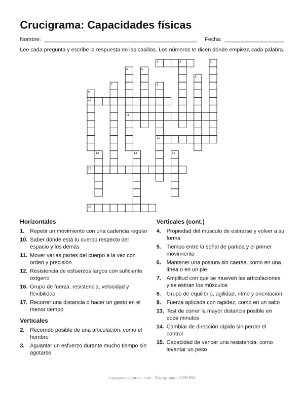 Hoja para imprimir del crucigrama de las capacidades físicas: cuadrícula numerada de 20 × 17 con 6 palabras horizontales y 11 verticales, y la lista de pistas.