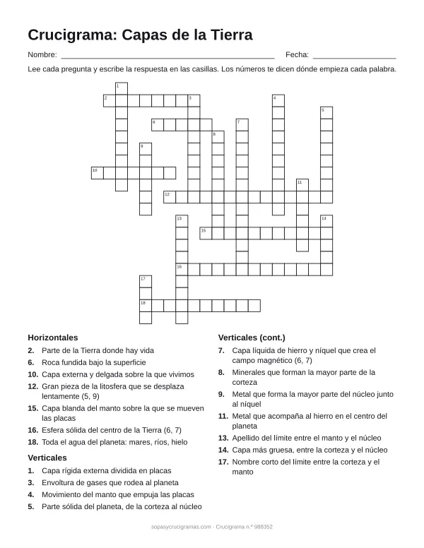 Hoja para imprimir del crucigrama de las capas de la Tierra: cuadrícula numerada de 20 × 20 con 7 palabras horizontales y 11 verticales, y la lista de pistas.
