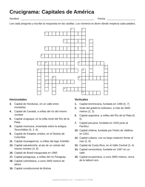 Hoja para imprimir del crucigrama de capitales de América: cuadrícula numerada de 18 × 19 con 11 palabras horizontales y 9 verticales, y la lista de pistas.