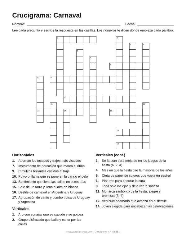 Hoja para imprimir del crucigrama de carnaval: cuadrícula numerada de 17 × 17 con 8 palabras horizontales y 10 verticales, y la lista de pistas.