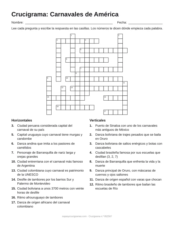 Hoja para imprimir del crucigrama de los carnavales de América: cuadrícula numerada de 17 × 17 con 10 palabras horizontales y 8 verticales, y la lista de pistas.
