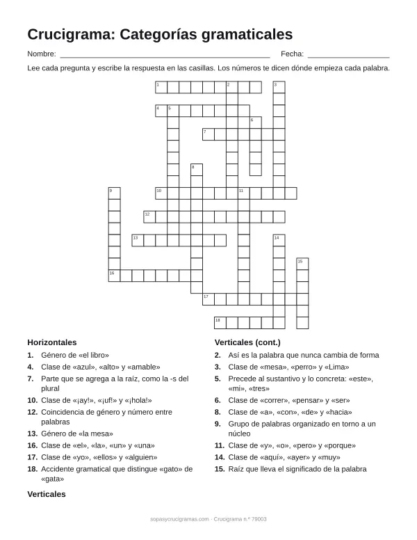 Hoja para imprimir del crucigrama de categorías gramaticales: cuadrícula numerada de 21 × 17 con 9 palabras horizontales y 9 verticales, y la lista de pistas.