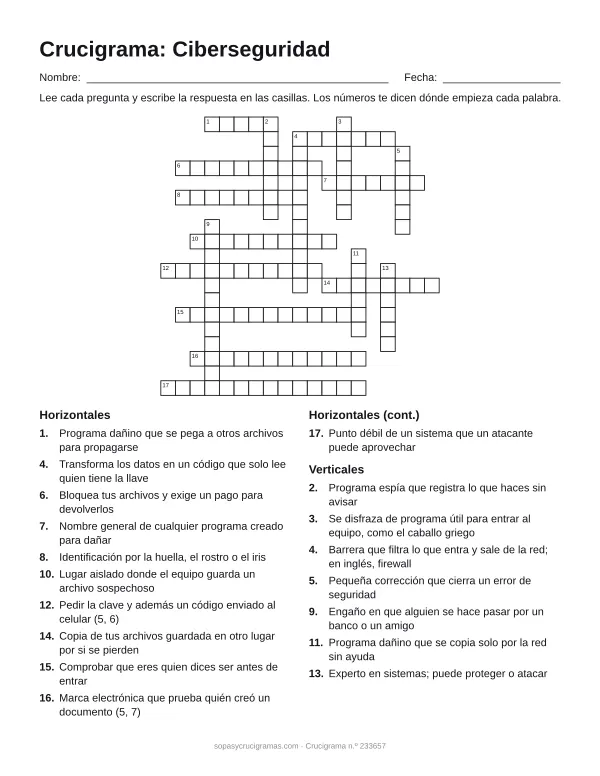 Hoja para imprimir del crucigrama de ciberseguridad: cuadrícula numerada de 19 × 19 con 11 palabras horizontales y 7 verticales, y la lista de pistas.