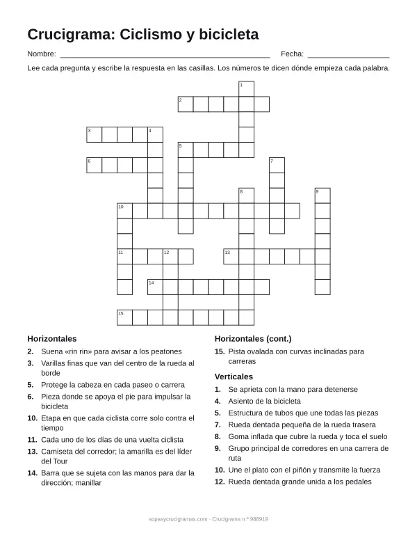 Hoja para imprimir del crucigrama de ciclismo: cuadrícula numerada de 16 × 16 con 9 palabras horizontales y 8 verticales, y la lista de pistas.