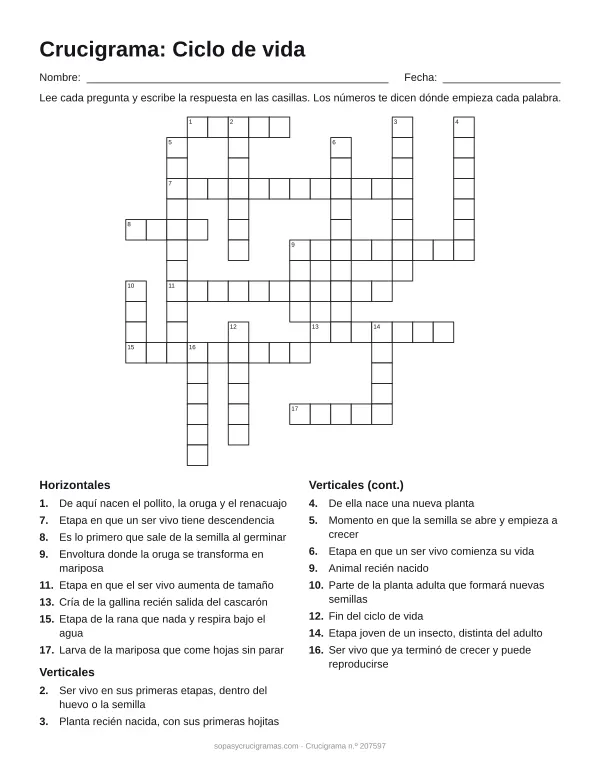 Hoja para imprimir del crucigrama del ciclo de vida: cuadrícula numerada de 17 × 17 con 8 palabras horizontales y 10 verticales, y la lista de pistas.