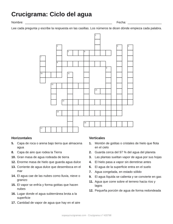 Hoja para imprimir del crucigrama del ciclo del agua: cuadrícula numerada de 18 × 17 con 9 palabras horizontales y 9 verticales, y la lista de pistas.