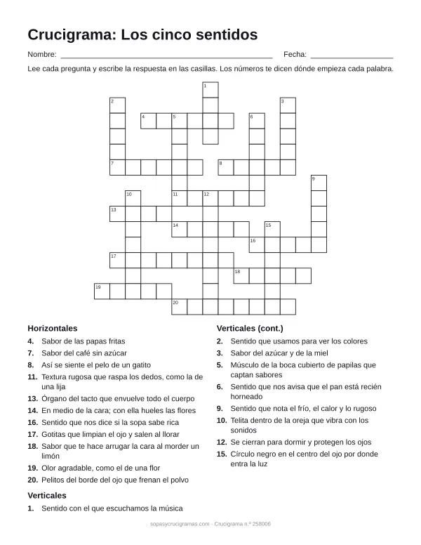 Hoja para imprimir del crucigrama de los cinco sentidos: cuadrícula numerada de 15 × 15 con 11 palabras horizontales y 9 verticales, y la lista de pistas.