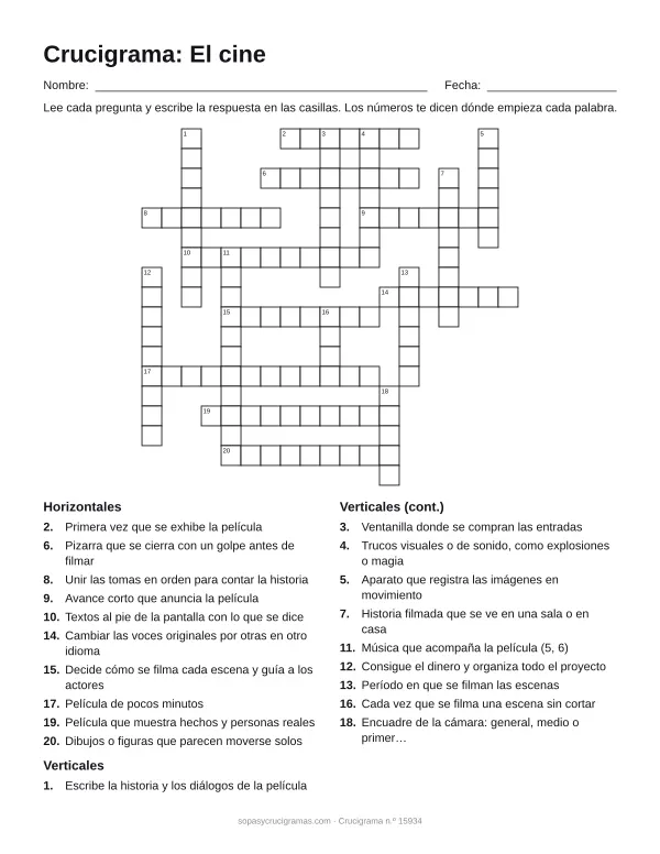 Hoja para imprimir del crucigrama del cine: cuadrícula numerada de 18 × 19 con 10 palabras horizontales y 10 verticales, y la lista de pistas.