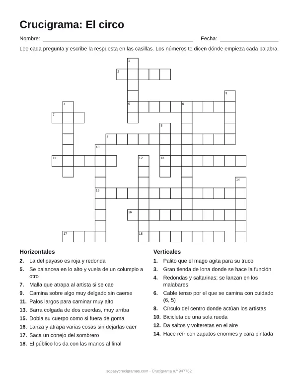 Hoja para imprimir del crucigrama del circo: cuadrícula numerada de 17 × 18 con 10 palabras horizontales y 8 verticales, y la lista de pistas.