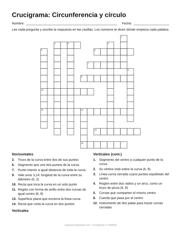 Hoja para imprimir del crucigrama de la circunferencia: cuadrícula numerada de 17 × 15 con 8 palabras horizontales y 7 verticales, y la lista de pistas.