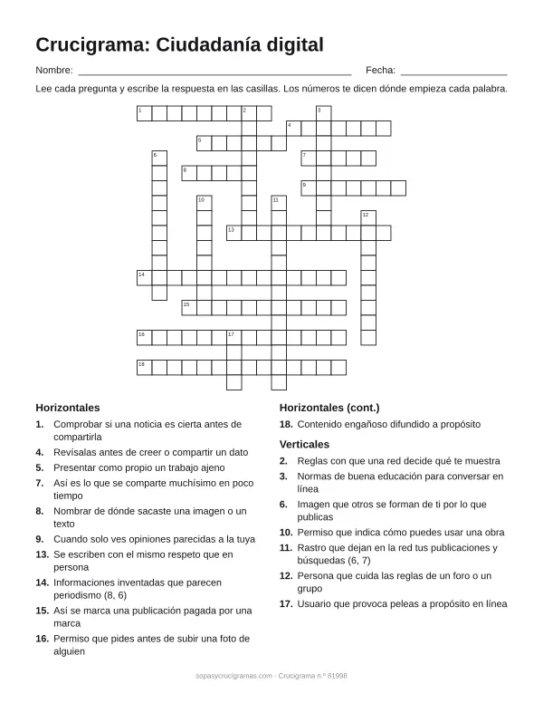 Hoja para imprimir del crucigrama de ciudadanía digital: cuadrícula numerada de 19 × 18 con 11 palabras horizontales y 7 verticales, y la lista de pistas.