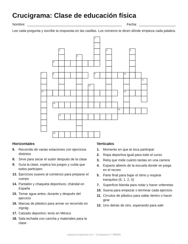Hoja para imprimir del crucigrama de la clase de educación física: cuadrícula numerada de 17 × 18 con 9 palabras horizontales y 9 verticales, y la lista de pistas.