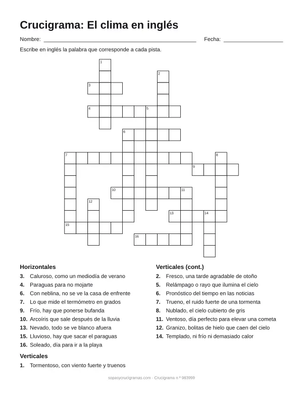 Hoja para imprimir del crucigrama del clima en inglés: cuadrícula numerada de 17 × 15 con 9 palabras horizontales y 9 verticales, y la lista de pistas.