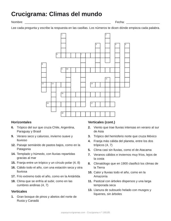 Hoja para imprimir del crucigrama de los climas del mundo: cuadrícula numerada de 17 × 18 con 8 palabras horizontales y 10 verticales, y la lista de pistas.