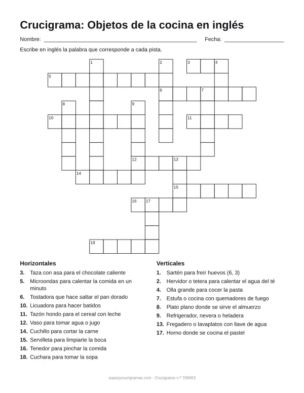 Hoja para imprimir del crucigrama de la cocina en inglés: cuadrícula numerada de 14 × 15 con 10 palabras horizontales y 8 verticales, y la lista de pistas.