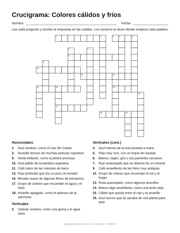 Hoja para imprimir del crucigrama de colores cálidos y fríos: cuadrícula numerada de 16 × 17 con 9 palabras horizontales y 11 verticales, y la lista de pistas.