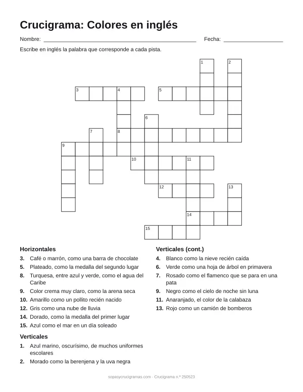 Hoja para imprimir del crucigrama de los colores en inglés: cuadrícula numerada de 13 × 13 con 8 palabras horizontales y 8 verticales, y la lista de pistas.