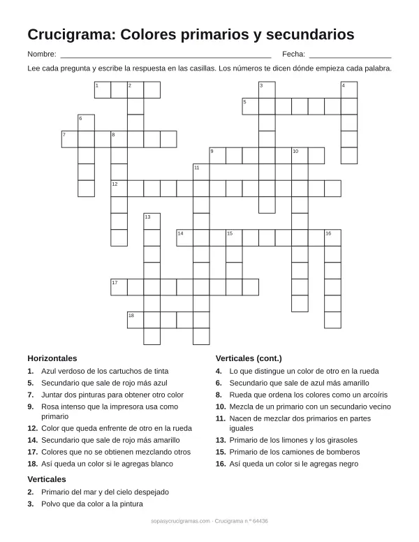 Hoja para imprimir del crucigrama de colores primarios: cuadrícula numerada de 16 × 18 con 8 palabras horizontales y 10 verticales, y la lista de pistas.
