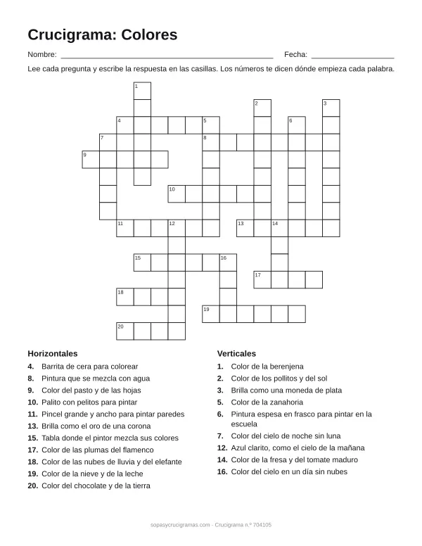 Hoja para imprimir del crucigrama de los colores: cuadrícula numerada de 15 × 15 con 11 palabras horizontales y 9 verticales, y la lista de pistas.