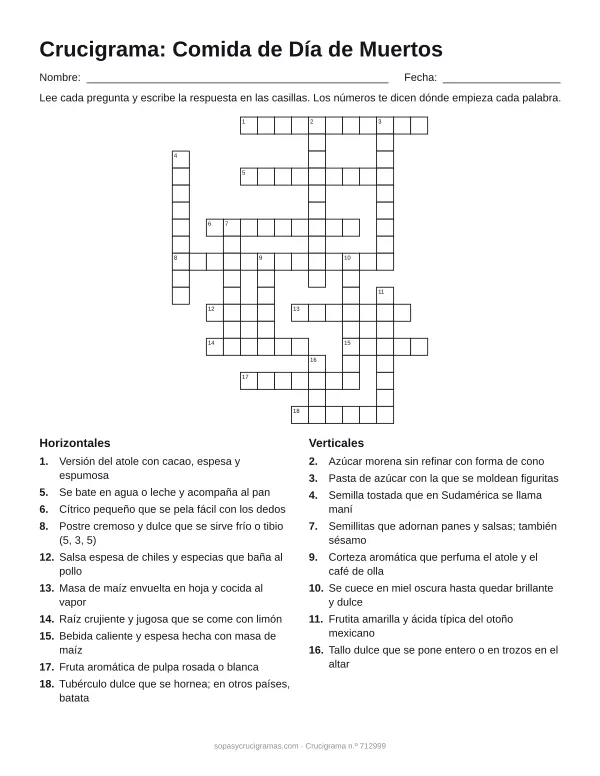 Hoja para imprimir del crucigrama de comida de Día de Muertos: cuadrícula numerada de 18 × 15 con 10 palabras horizontales y 8 verticales, y la lista de pistas.