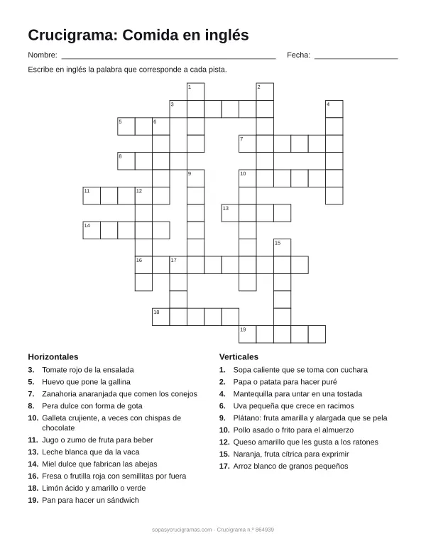 Hoja para imprimir del crucigrama de comida en inglés: cuadrícula numerada de 15 × 15 con 11 palabras horizontales y 9 verticales, y la lista de pistas.