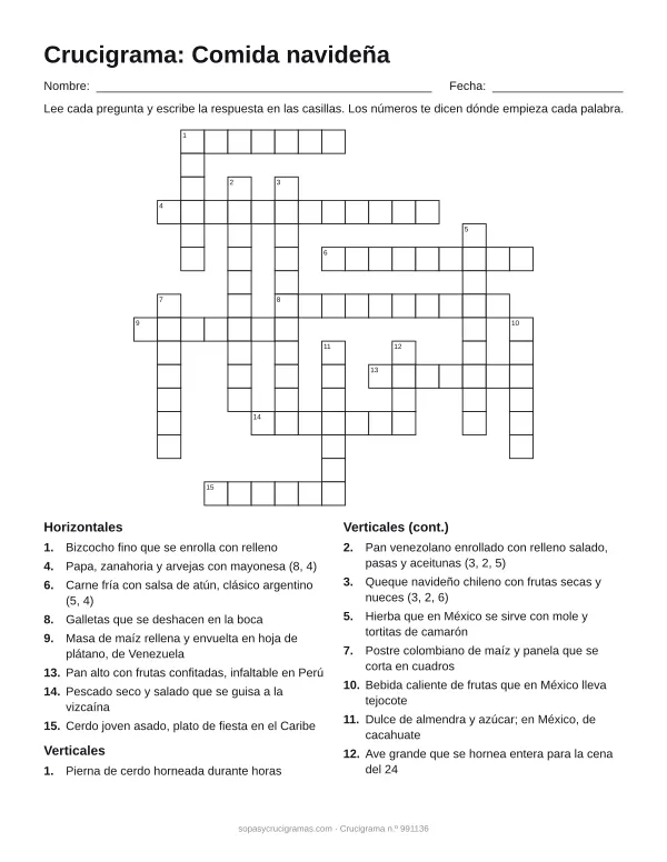 Hoja para imprimir del crucigrama de comida navideña: cuadrícula numerada de 16 × 17 con 8 palabras horizontales y 8 verticales, y la lista de pistas.