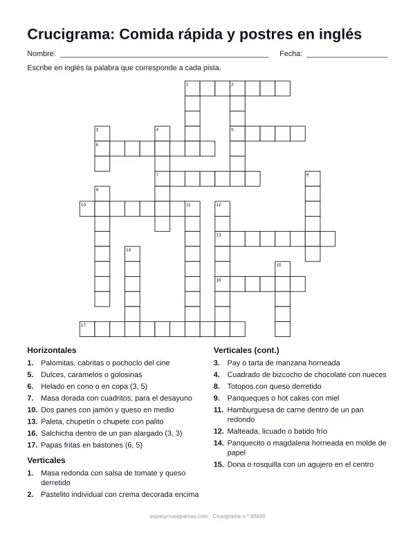 Hoja para imprimir del crucigrama de comida rápida en inglés: cuadrícula numerada de 17 × 17 con 8 palabras horizontales y 10 verticales, y la lista de pistas.