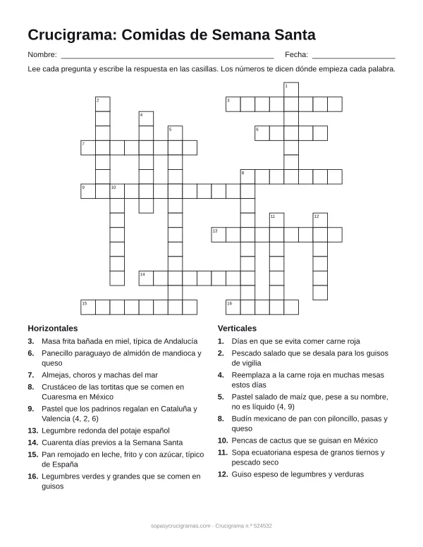 Hoja para imprimir del crucigrama de comidas de Semana Santa: cuadrícula numerada de 16 × 18 con 9 palabras horizontales y 8 verticales, y la lista de pistas.