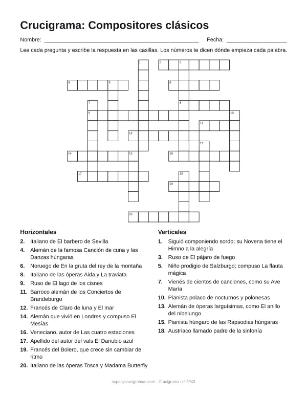 Hoja para imprimir del crucigrama de compositores clásicos: cuadrícula numerada de 16 × 17 con 12 palabras horizontales y 8 verticales, y la lista de pistas.