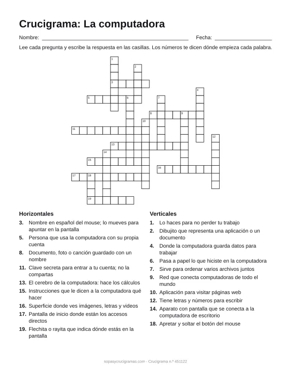 Hoja para imprimir del crucigrama de la computadora: cuadrícula numerada de 19 × 19 con 9 palabras horizontales y 10 verticales, y la lista de pistas.