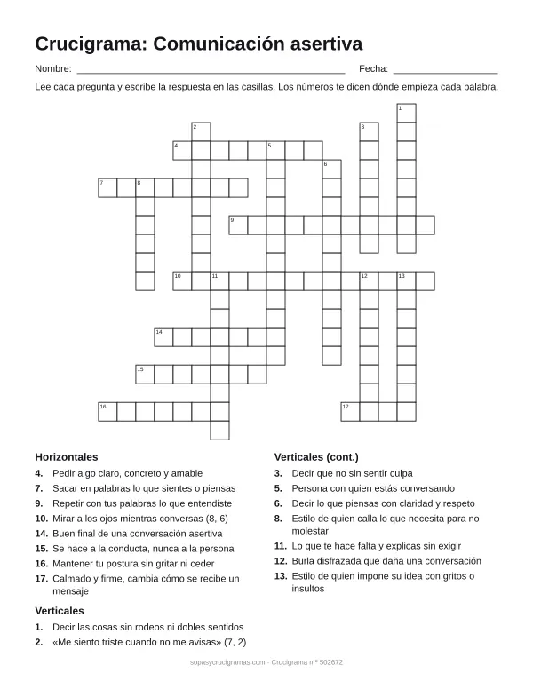 Hoja para imprimir del crucigrama de la comunicación asertiva: cuadrícula numerada de 18 × 18 con 8 palabras horizontales y 9 verticales, y la lista de pistas.