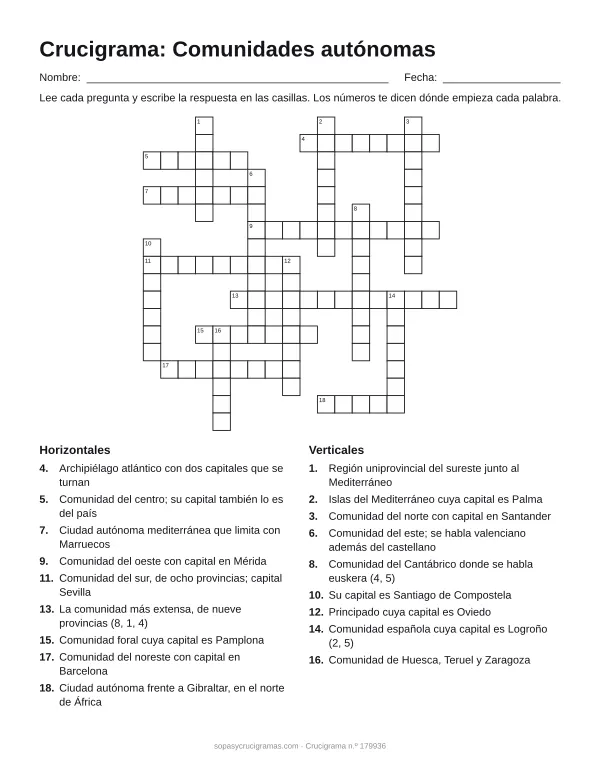Hoja para imprimir del crucigrama de las comunidades autónomas de España: cuadrícula numerada de 18 × 18 con 9 palabras horizontales y 9 verticales, y la lista de pistas.