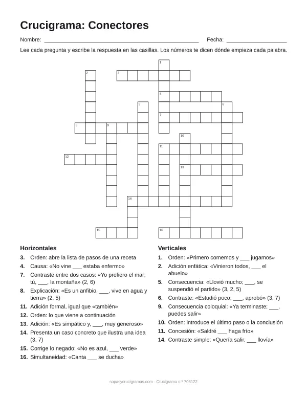 Hoja para imprimir del crucigrama de conectores: cuadrícula numerada de 17 × 17 con 10 palabras horizontales y 8 verticales, y la lista de pistas.