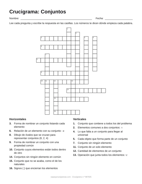 Hoja para imprimir del crucigrama de conjuntos: cuadrícula numerada de 20 × 16 con 8 palabras horizontales y 8 verticales, y la lista de pistas.