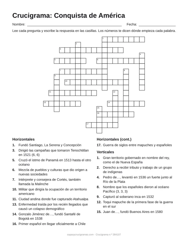 Hoja para imprimir del crucigrama de la conquista de América: cuadrícula numerada de 18 × 19 con 11 palabras horizontales y 7 verticales, y la lista de pistas.
