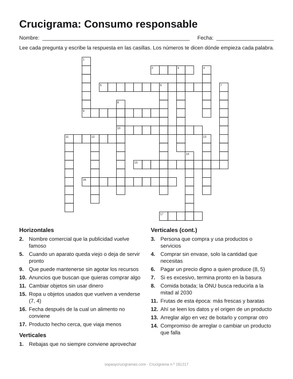 Hoja para imprimir del crucigrama del consumo responsable: cuadrícula numerada de 19 × 19 con 8 palabras horizontales y 10 verticales, y la lista de pistas.