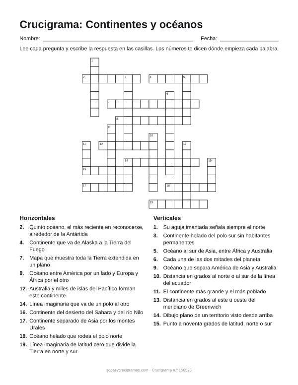 Hoja para imprimir del crucigrama de continentes y océanos: cuadrícula numerada de 18 × 16 con 10 palabras horizontales y 10 verticales, y la lista de pistas.