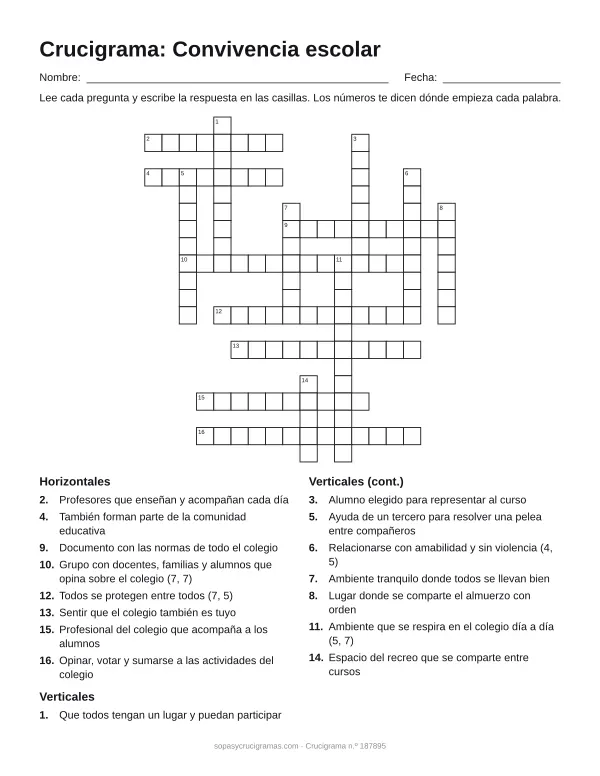 Hoja para imprimir del crucigrama de la convivencia escolar: cuadrícula numerada de 20 × 18 con 8 palabras horizontales y 8 verticales, y la lista de pistas.